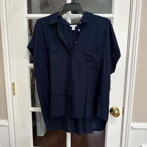 NWT Caslon Navy Blue Linen Button-Up Shirt Hi-Low Blouse Women's XXL